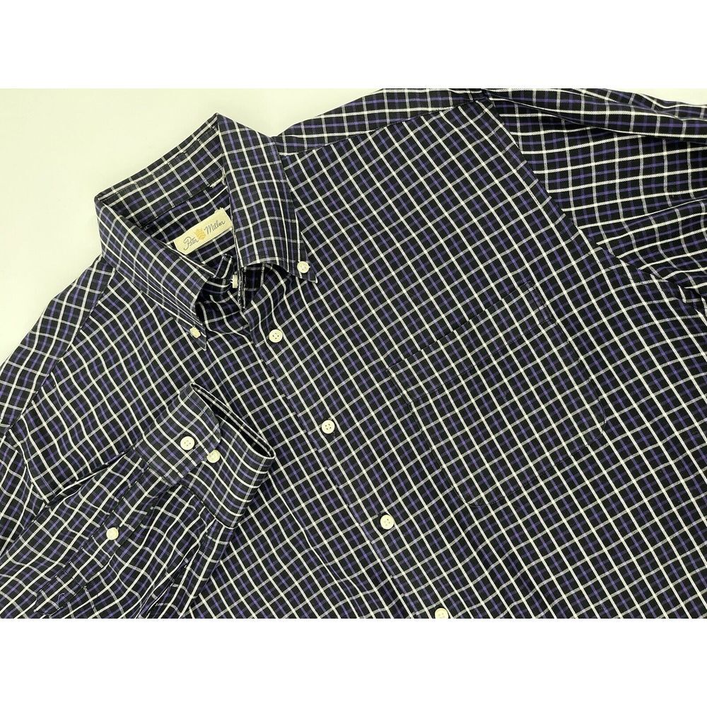 Men's Peter Millar Button Down Dress Shirt XL Plaid Check White Black Purple‎
